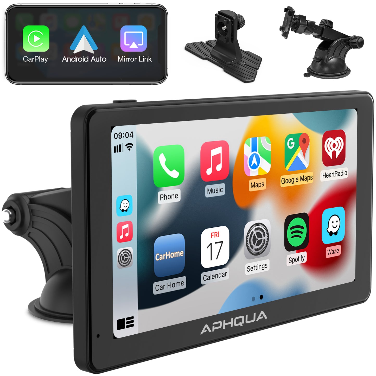 APHQUA A3 Portable Wireless Apple CarPlay and Android Auto with Detachable Sunshade, 7 inch Touch Screen Display for All Vehicle&Truck
