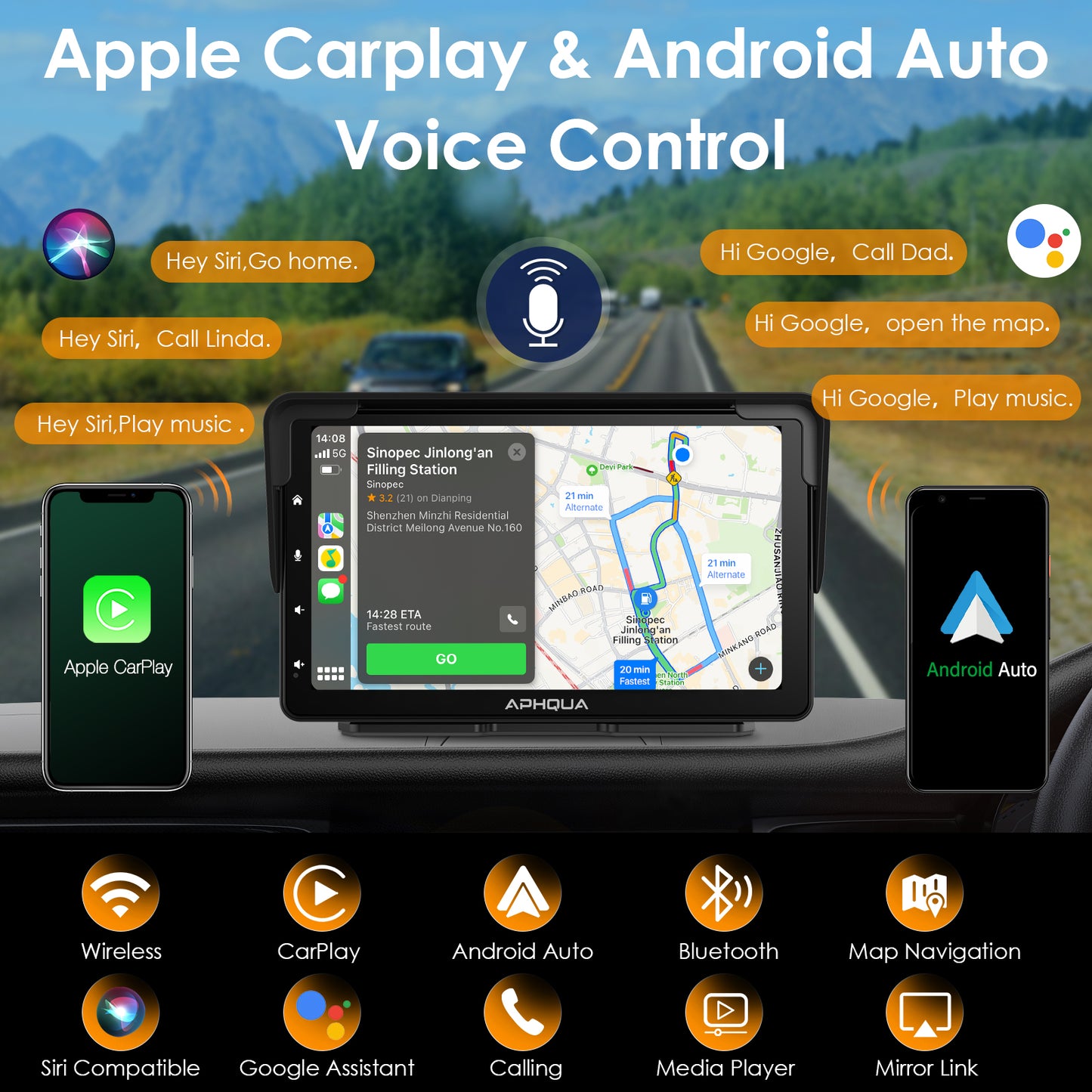 APHQUA A5 Portable Wireless Apple CarPlay and Android Auto with Detachable Sunshade, 7 inch Touch Screen Display for All Vehicle&Truck