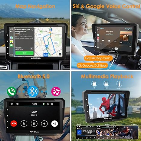 APHQUA A5 Portable Wireless Apple CarPlay and Android Auto with Detachable Sunshade, 7 inch Touch Screen Display for All Vehicle&Truck