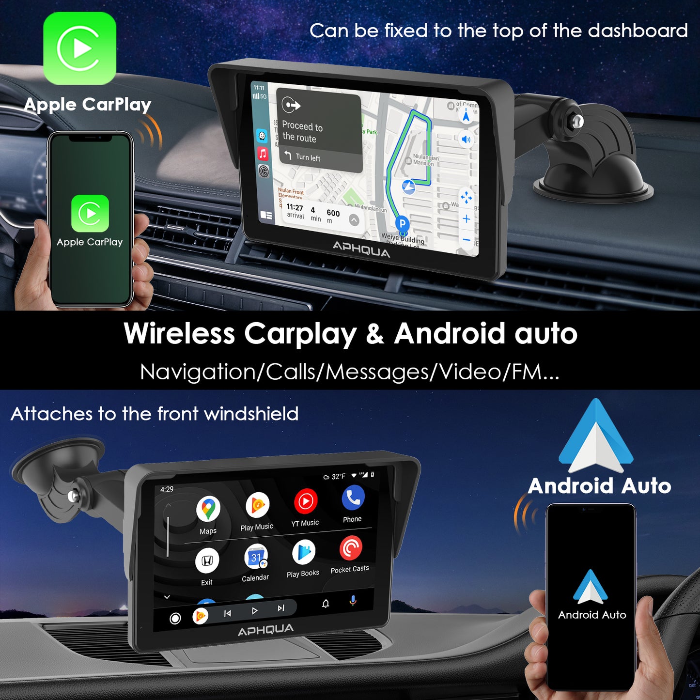 APHQUA A3 Portable Wireless Apple CarPlay and Android Auto with Detachable Sunshade, 7 inch Touch Screen Display for All Vehicle&Truck