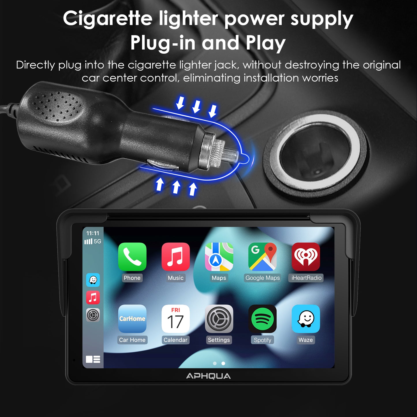 APHQUA A3 Portable Wireless Apple CarPlay and Android Auto with Detachable Sunshade, 7 inch Touch Screen Display for All Vehicle&Truck