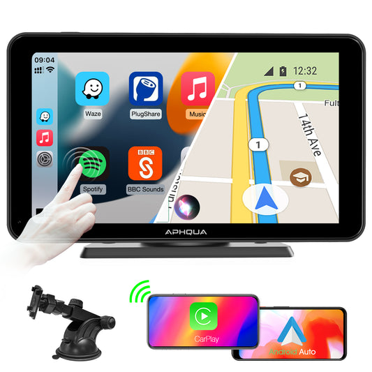 APHQUA Wireless Portable Car Stereo,7 Inch IPS Touchscreen Car Radio Receiver with Carplay, Android Auto, Mirror, Bluetooth, Google, Siri, WiFi, FM, GPS Navigation