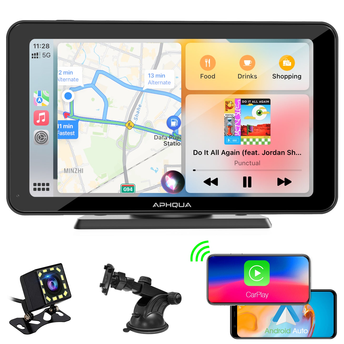 APHQUA Wireless Portable Car Stereo with Rear Camera,Dash or Windshield Mounted, 7" Touchscreen Car Receiver with Carplay, Android Auto, Mirror, Bluetooth, Google,Siri,WiFi,FM,GPS Navigation
