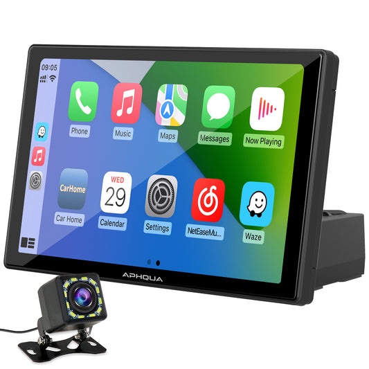 APHQUA Portable Wireless Carplay with Light-Sensing, 9 Inch IPS Touchscreen Car Stereo with Dual Speckers, Works with Carplay, Android Auto, Mirror Link, Bluetooth, Google, Siri, Rear Camera