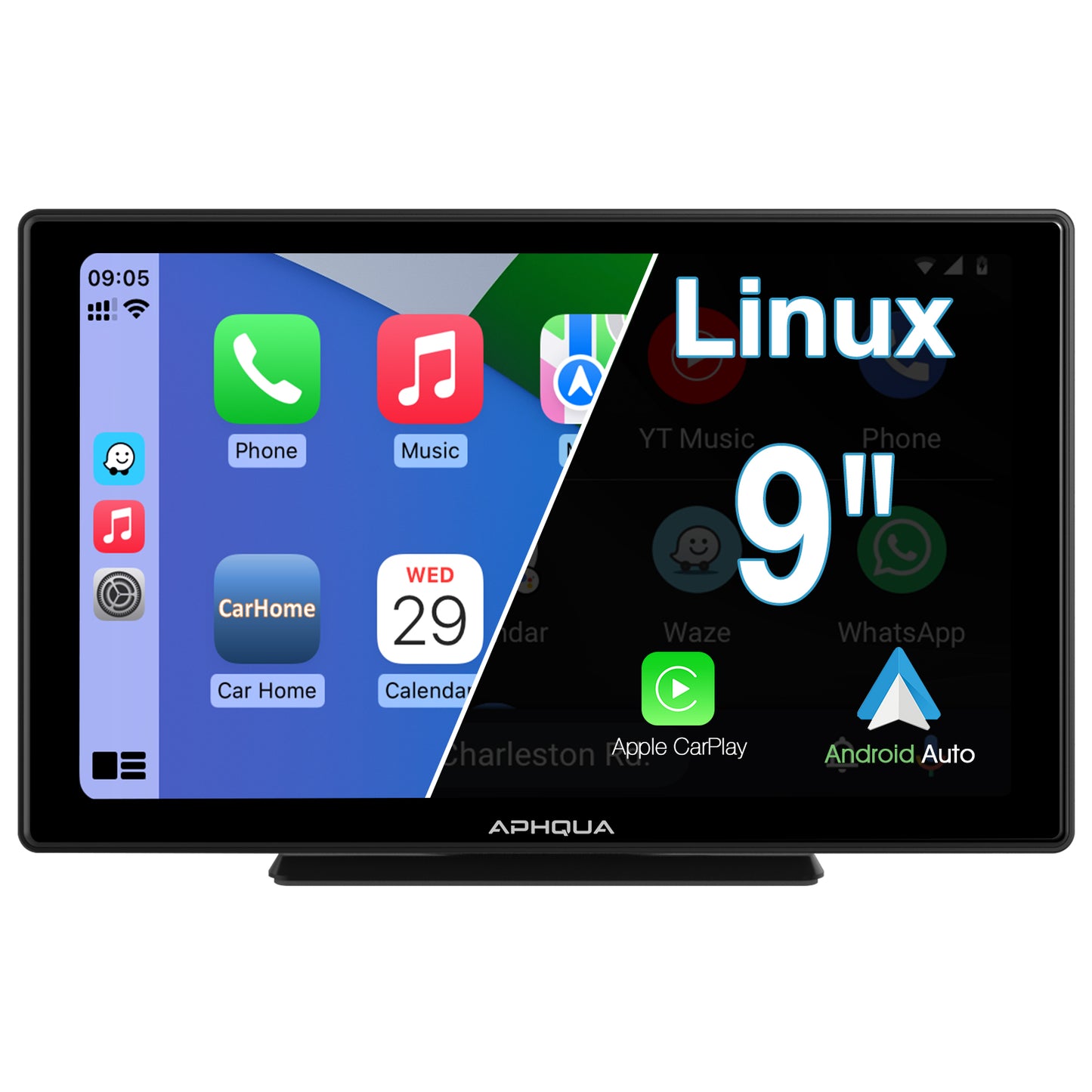 APHQUA Wireless Portable Car Stereo with Light-Sensitive, 9 Inch IPS Touchscreen Car Radio Receiver Works with Carplay, Android Auto, Mirror, Bluetooth, Google, Siri, WiFi, GPS Navigation