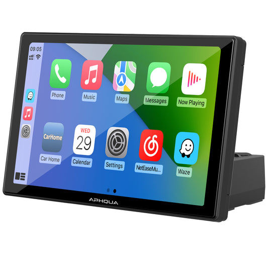 APHQUA Portable Wireless Carplay with Light-Sensing, 9 Inch IPS Touchscreen Car Stereo with Dual Speckers, Works with Carplay, Android Auto, Mirror Link, Bluetooth, Google, Siri