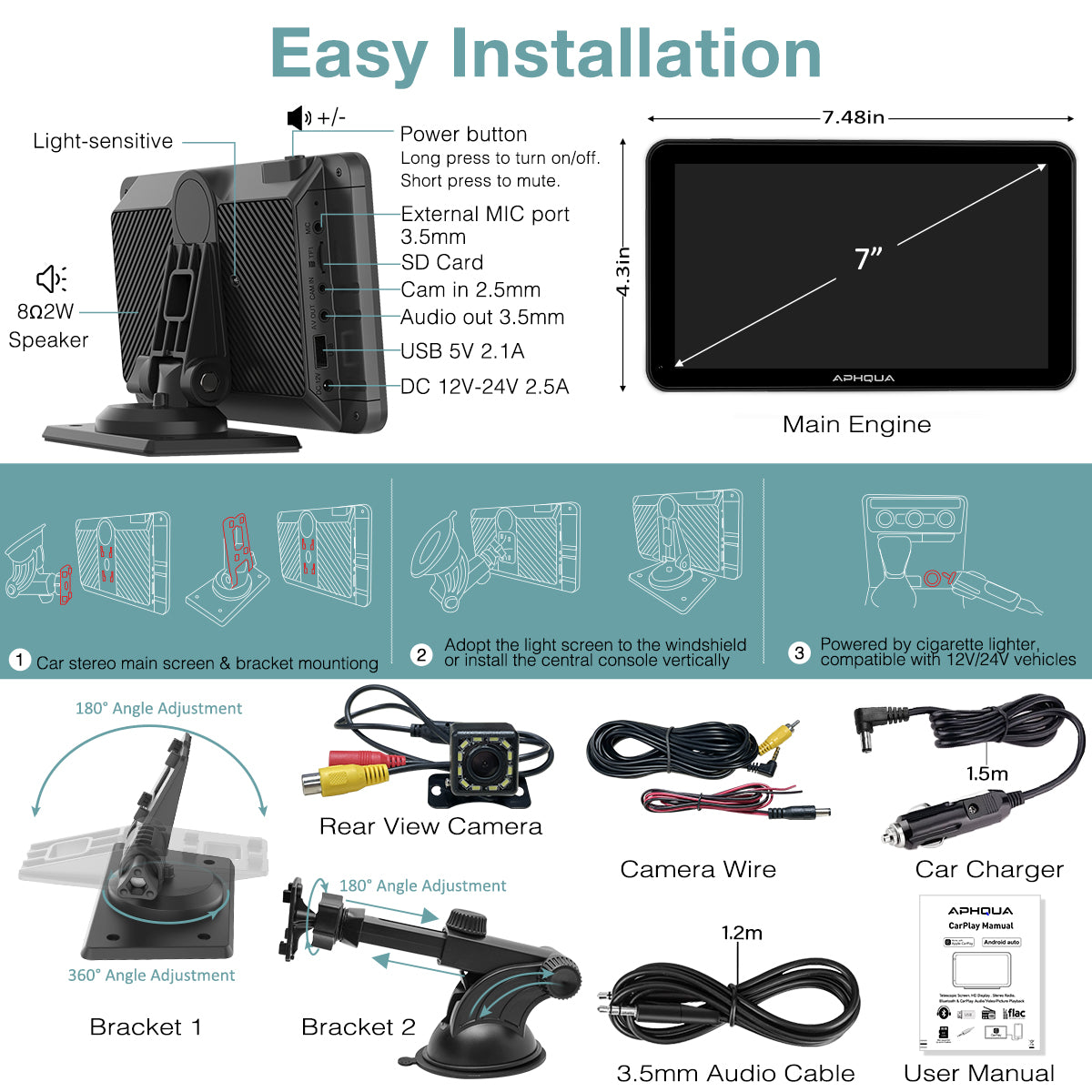 APHQUA Wireless Portable Car Stereo with Rear Camera,Dash or Windshield Mounted, 7" Touchscreen Car Receiver with Carplay, Android Auto, Mirror, Bluetooth, Google,Siri,WiFi,FM,GPS Navigation
