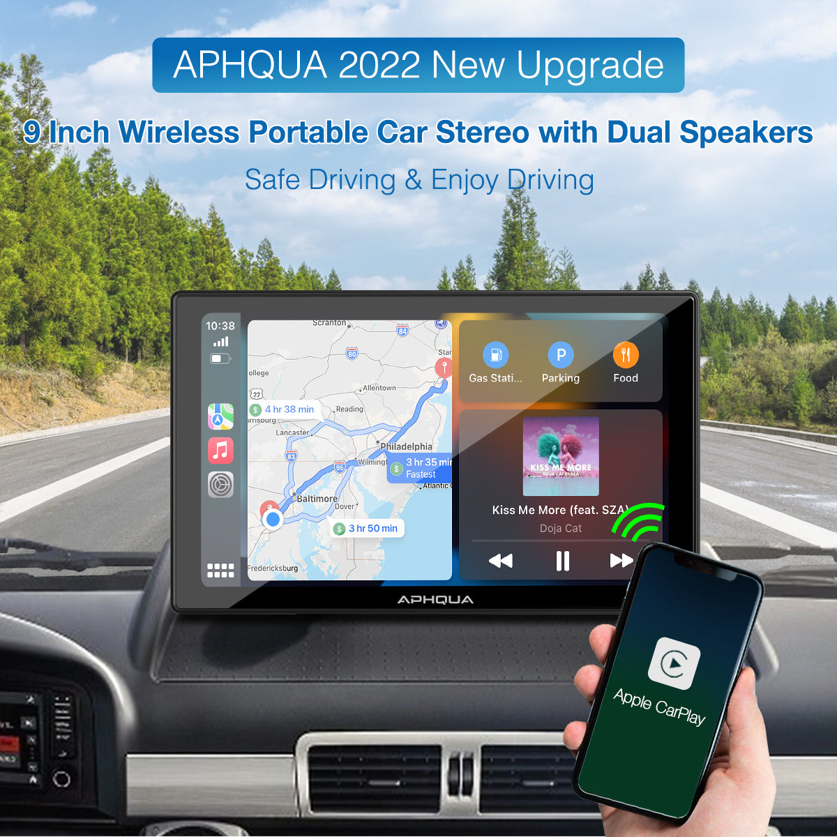 APHQUA Portable Wireless Carplay with Light-Sensing, 9 Inch IPS Touchscreen Car Stereo with Dual Speckers, Works with Carplay, Android Auto, Mirror Link, Bluetooth, Google, Siri