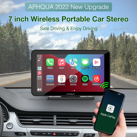 APHQUA Wireless Portable Car Stereo,7 Inch IPS Touchscreen Car Radio Receiver with Carplay, Android Auto, Mirror, Bluetooth, Google, Siri, WiFi, FM, GPS Navigation