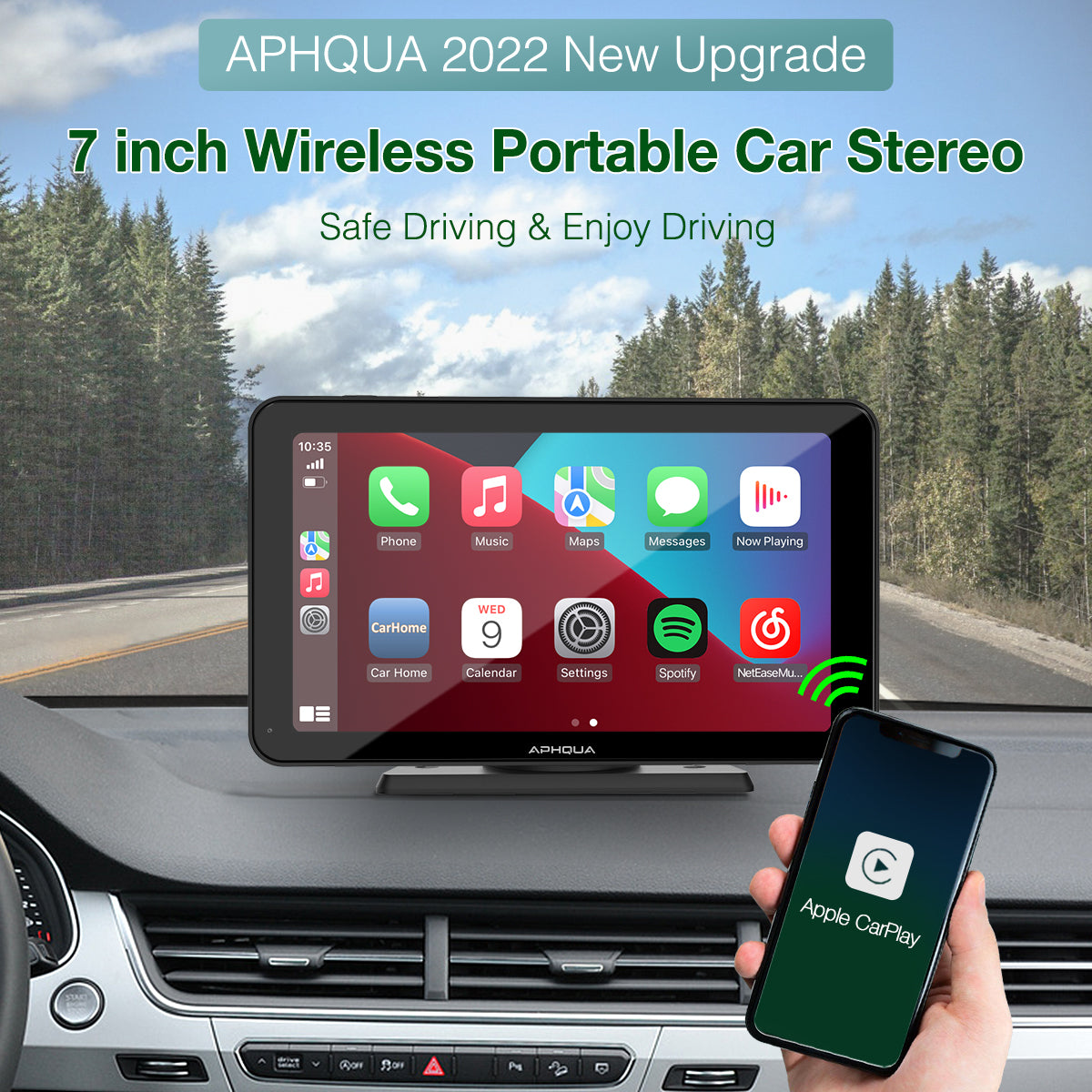 APHQUA Wireless Portable Car Stereo with Rear Camera,Dash or Windshield Mounted, 7" Touchscreen Car Receiver with Carplay, Android Auto, Mirror, Bluetooth, Google,Siri,WiFi,FM,GPS Navigation