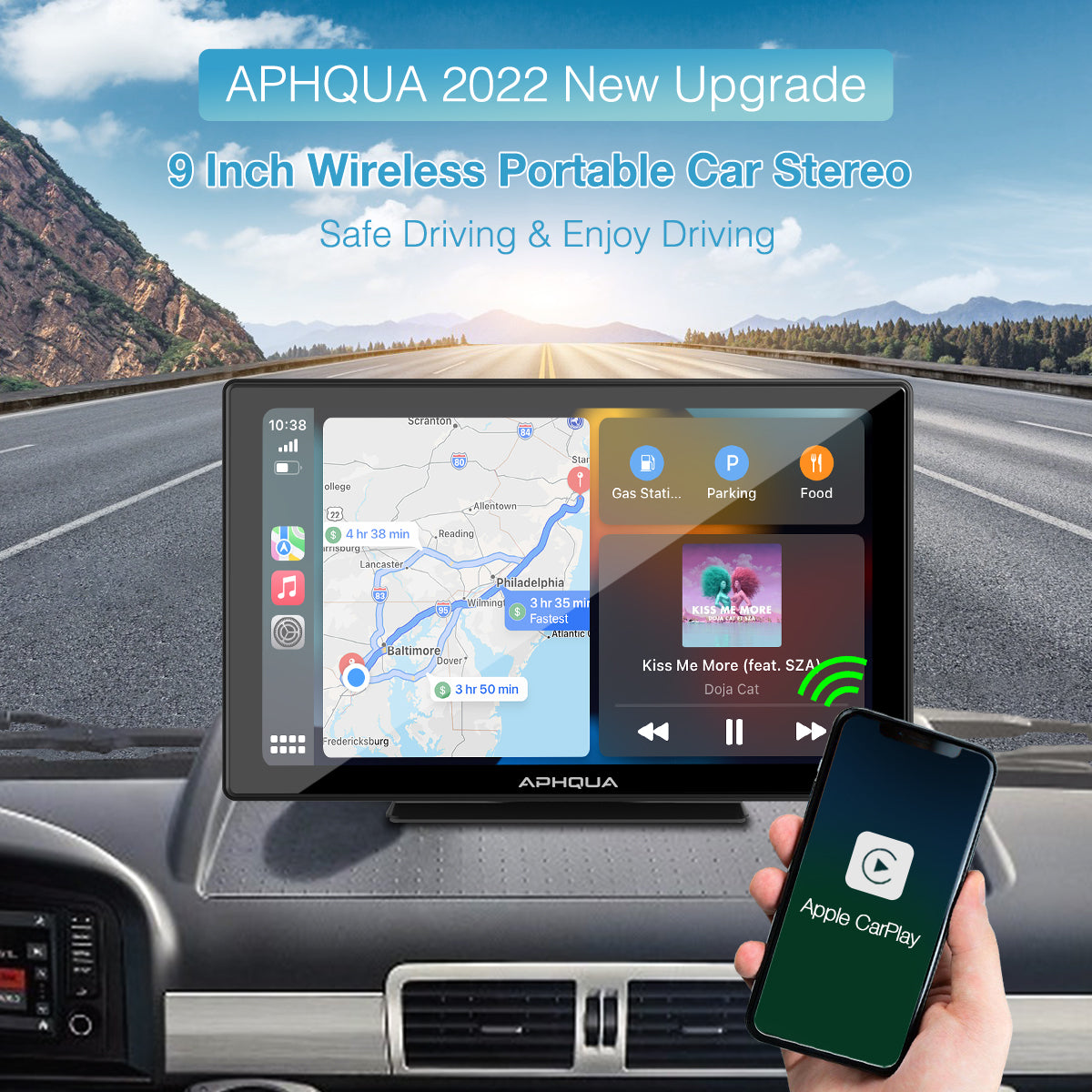 APHQUA Wireless Portable Car Stereo with Light-Sensitive, 9 Inch IPS Touchscreen Car Radio Receiver Works with Carplay, Android Auto, Mirror, Bluetooth, Google, Siri, WiFi, GPS Navigation