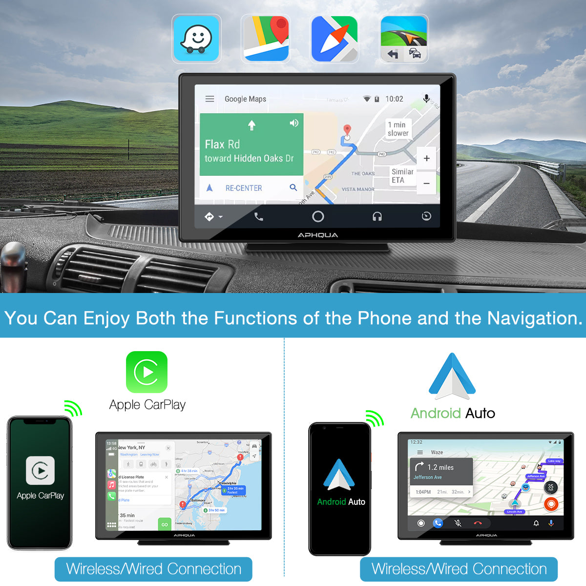 APHQUA Wireless Portable Car Stereo with Light-Sensitive, 9 Inch IPS Touchscreen Car Radio Receiver Works with Carplay, Android Auto, Mirror, Bluetooth, Google, Siri, WiFi, GPS Navigation,Rear Camera