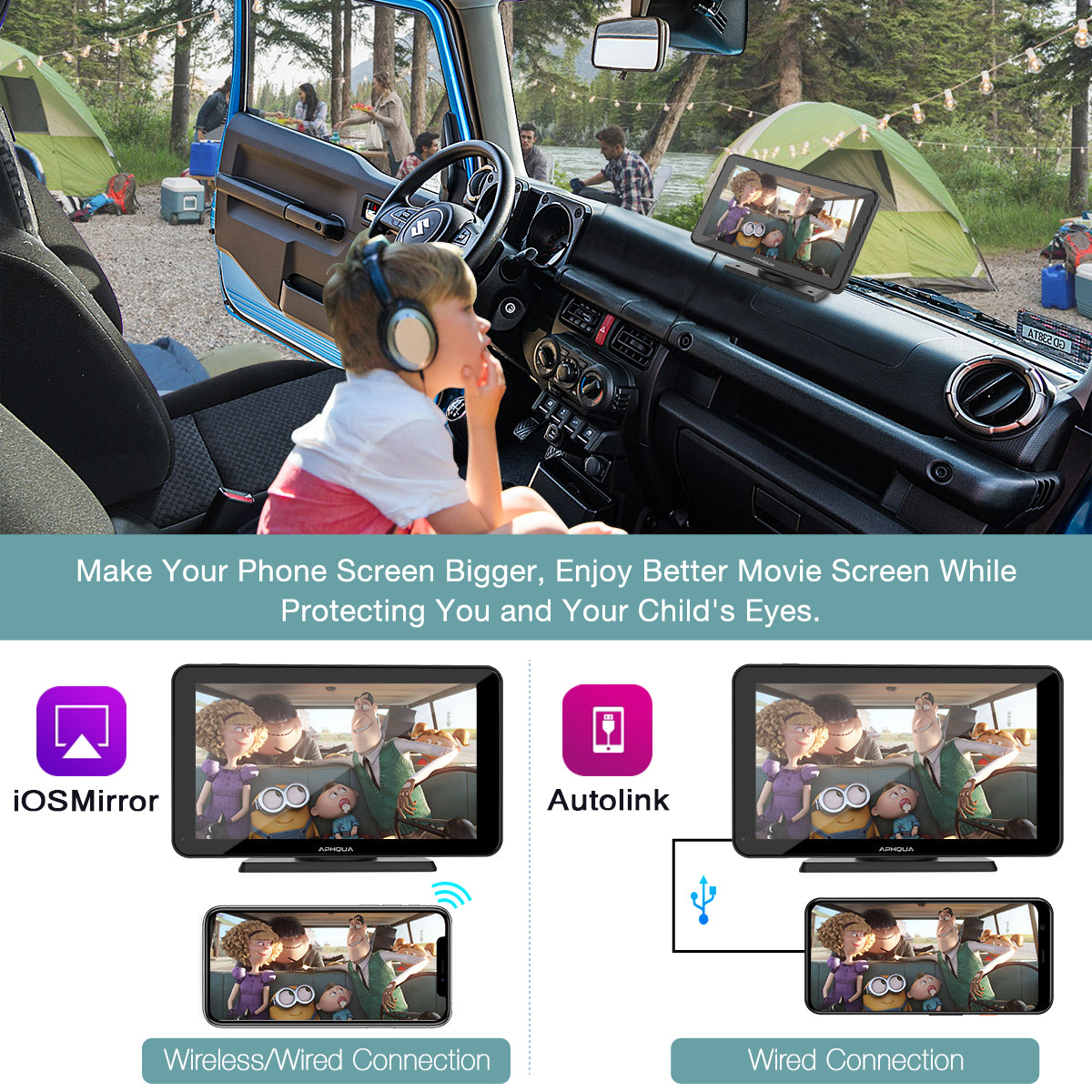 APHQUA Wireless Portable Car Stereo with Rear Camera,Dash or Windshield Mounted, 7" Touchscreen Car Receiver with Carplay, Android Auto, Mirror, Bluetooth, Google,Siri,WiFi,FM,GPS Navigation