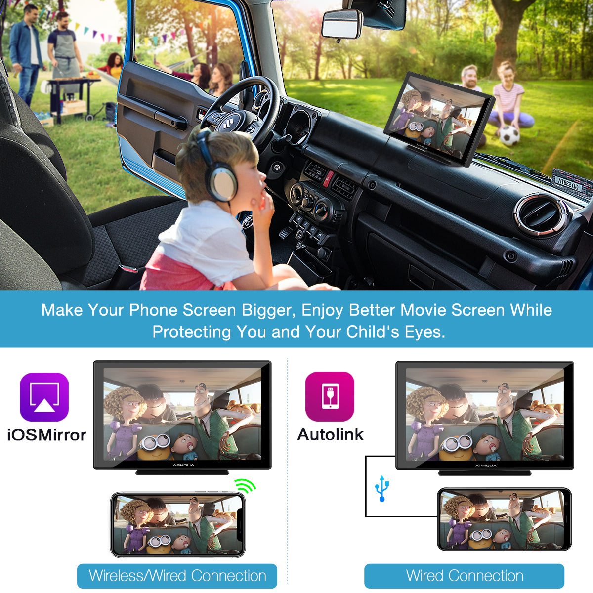 APHQUA Wireless Portable Car Stereo with Light-Sensitive, 9 Inch IPS Touchscreen Car Radio Receiver Works with Carplay, Android Auto, Mirror, Bluetooth, Google, Siri, WiFi, GPS Navigation