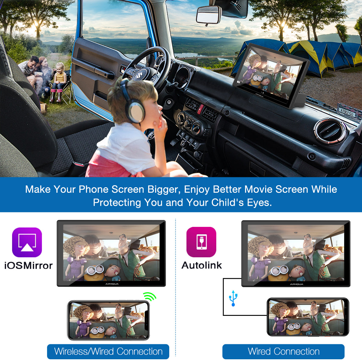 APHQUA Portable Wireless Carplay with Light-Sensing, 9 Inch IPS Touchscreen Car Stereo with Dual Speckers, Works with Carplay, Android Auto, Mirror Link, Bluetooth, Google, Siri, Rear Camera
