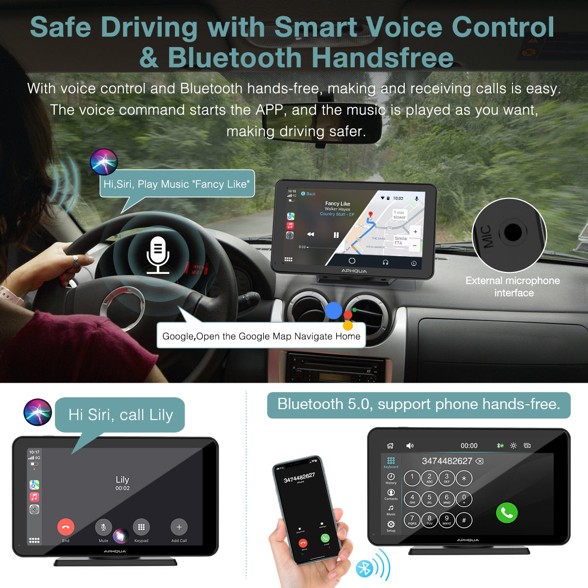 APHQUA Wireless Portable Car Stereo with Rear Camera,Dash or Windshield Mounted, 7" Touchscreen Car Receiver with Carplay, Android Auto, Mirror, Bluetooth, Google,Siri,WiFi,FM,GPS Navigation