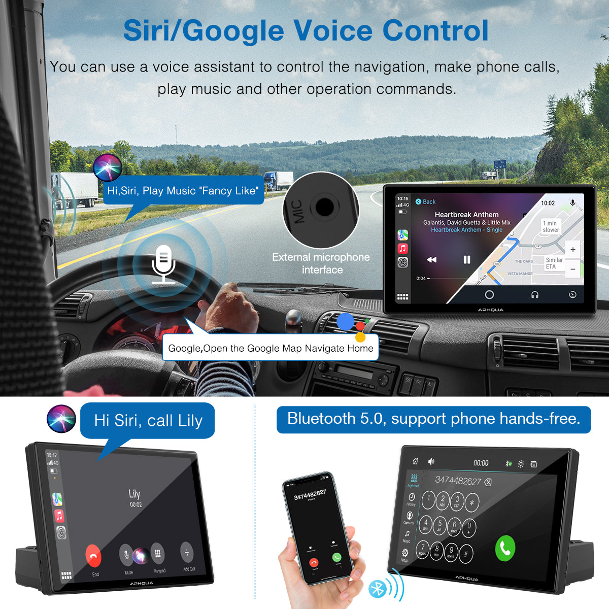 APHQUA Portable Wireless Carplay with Light-Sensing, 9 Inch IPS Touchscreen Car Stereo with Dual Speckers, Works with Carplay, Android Auto, Mirror Link, Bluetooth, Google, Siri, Rear Camera