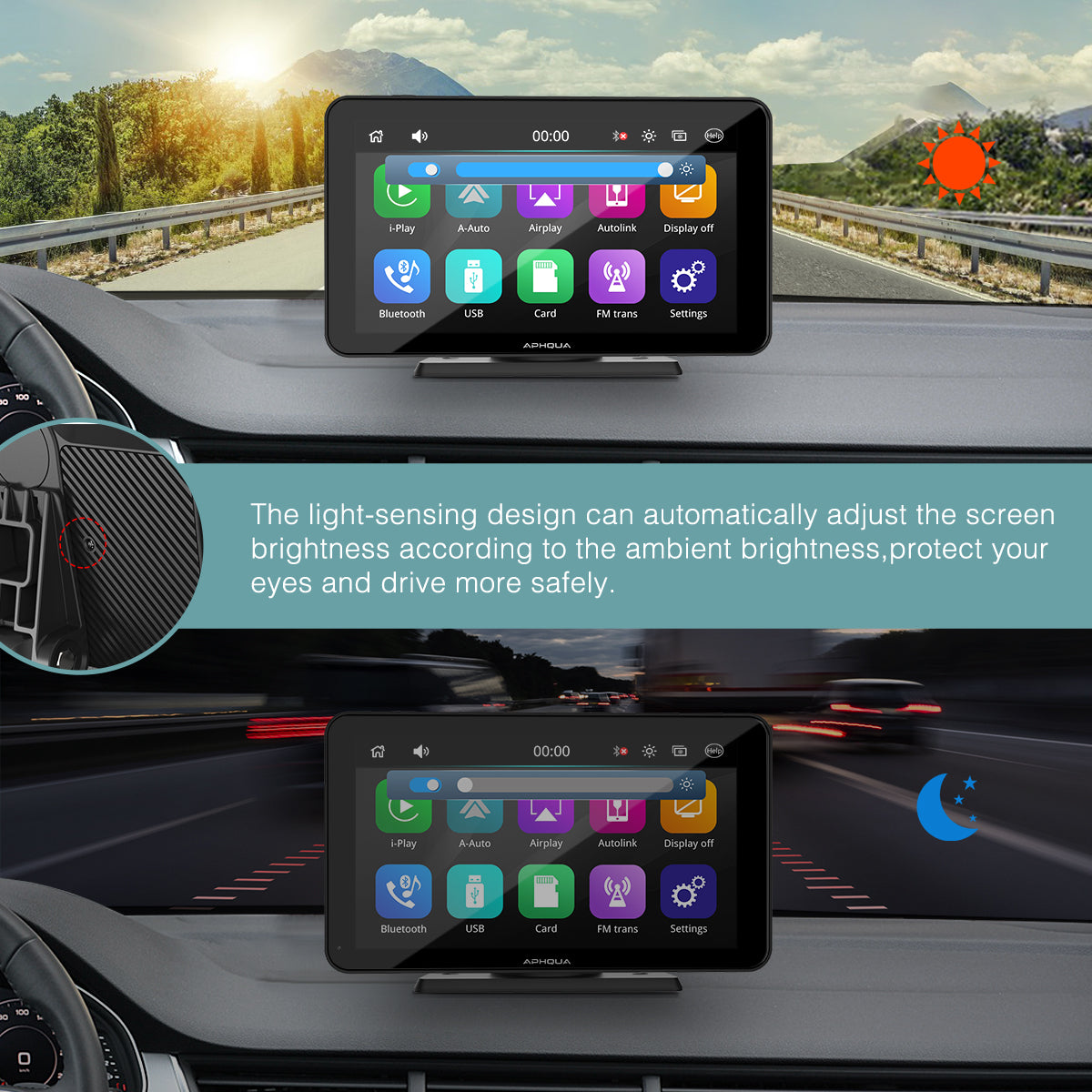 APHQUA Wireless Portable Car Stereo with Rear Camera,Dash or Windshield Mounted, 7" Touchscreen Car Receiver with Carplay, Android Auto, Mirror, Bluetooth, Google,Siri,WiFi,FM,GPS Navigation