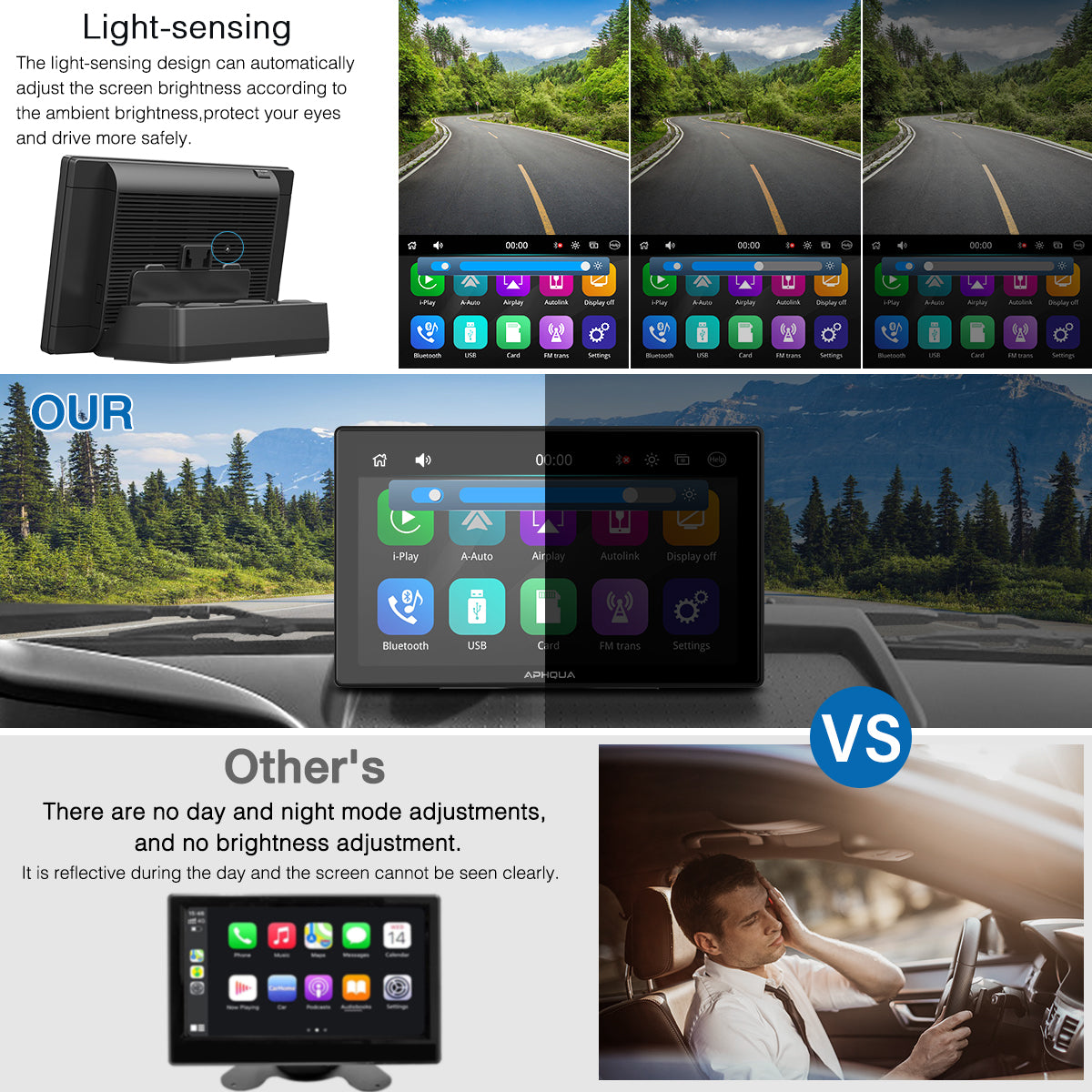 APHQUA Portable Wireless Carplay with Light-Sensing, 9 Inch IPS Touchscreen Car Stereo with Dual Speckers, Works with Carplay, Android Auto, Mirror Link, Bluetooth, Google, Siri, Rear Camera