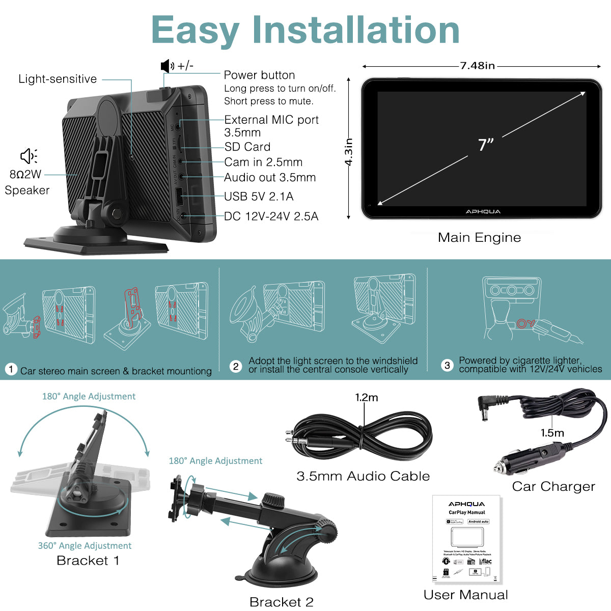 APHQUA Wireless Portable Car Stereo,7 Inch IPS Touchscreen Car